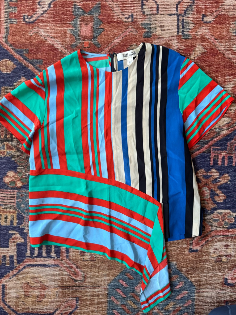 DVF Silky Striped Asymmetric Silk Top